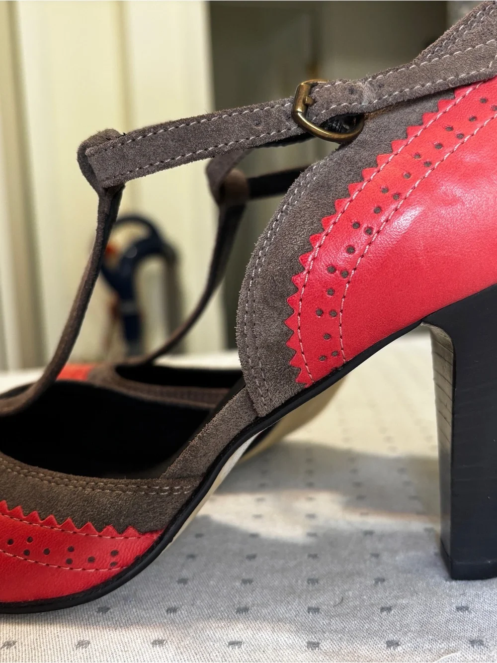 NWOT! Sundance Two-Tone T-Strap Heels in Coral Red and Brown NEW Mary Jane’s